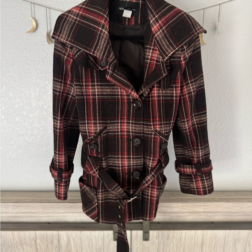 Chocolate brown and Plaid Women's Jacket with Belt